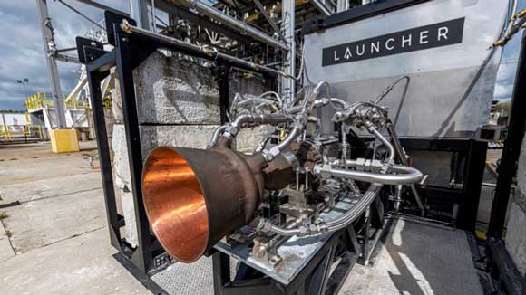 Launcher E-2 thrust chamber assembly on its test stand at NASA Stennis Space Center. (Courtesy Launcher/John Kraus Photography)