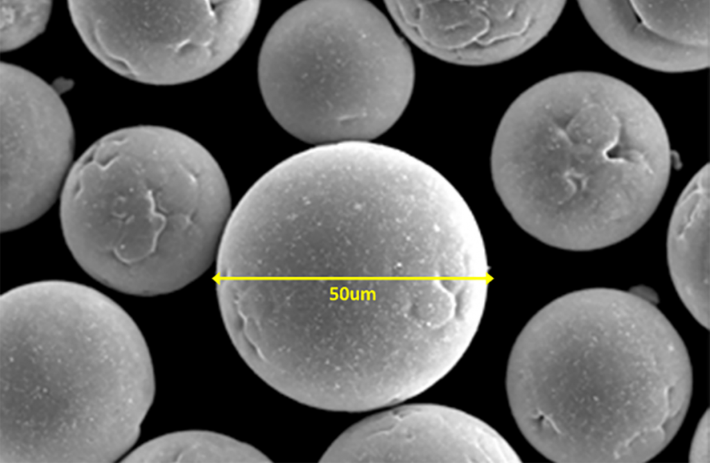 Fig. 1 A SEM image of gas atomised steel powder (Courtesy Temasek Polytechnic, Singapore)