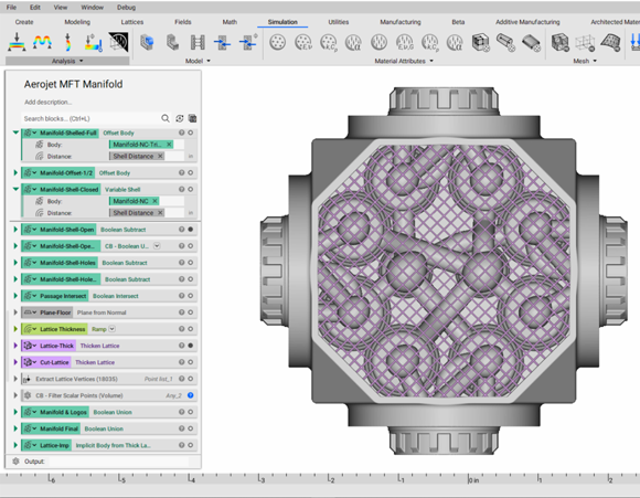 nTopology’s implicit modeling function was able to quickly “shell and fill” the injector body’s first design iteration, increasing its strength and printability while greatly reducing weight (Courtesy Velo3D)