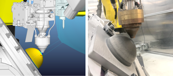 Laser-based Directed Energy Deposition of closed hollow dome without support structures using a Fanuc 6-axis robot (Courtesy MSAM, University of Waterloo)