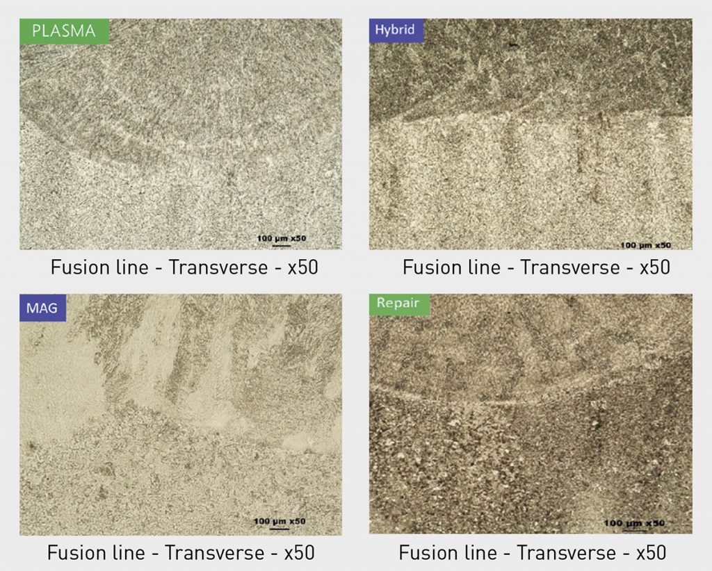 Fig. 3 Fusion results, on the left from Addilian and on the right from Guaranteed. Both DED technologies were able to produce hybrid new parts and repaired parts with excellent quality, meeting all specified criteria (Courtesy Addilan & Guaranteed)