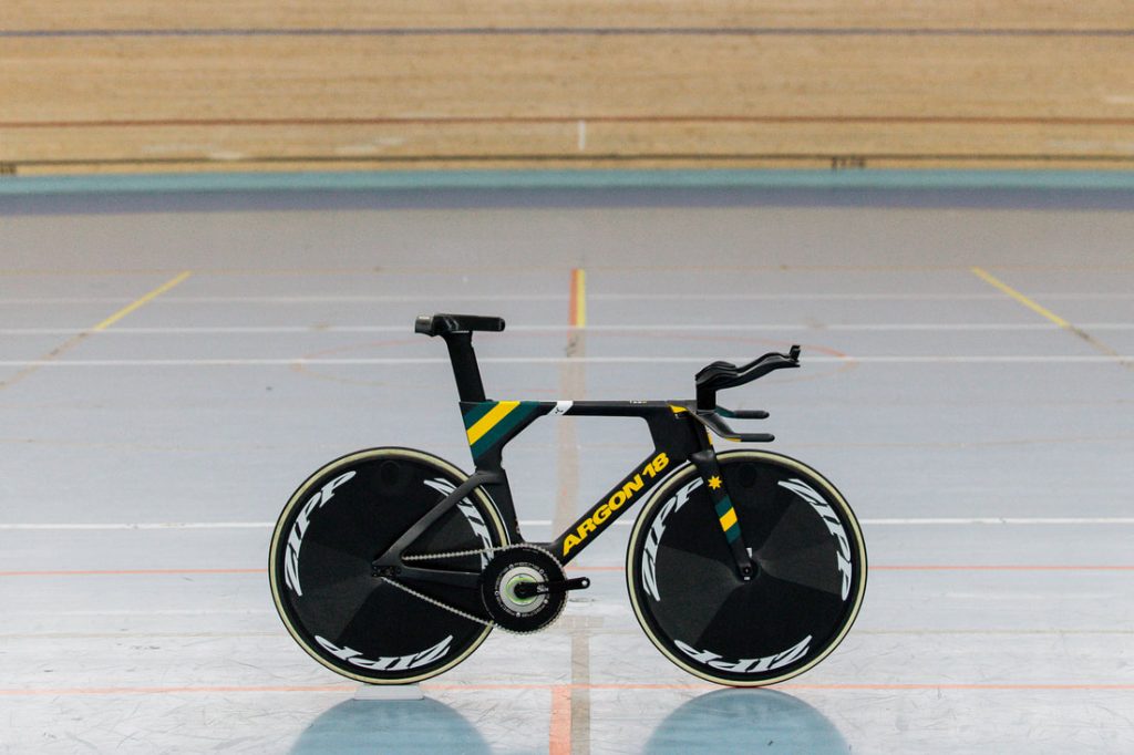 Fig. 6 A press image of the Argon 18 bike as released by Cycling Australia in February 2020. The photo shows the original handlebars as supplied by Argon 18, not the modified handlebars used at the 2020 Olympics  (Photo Hikari Media/www.australiancyclingteam.com)