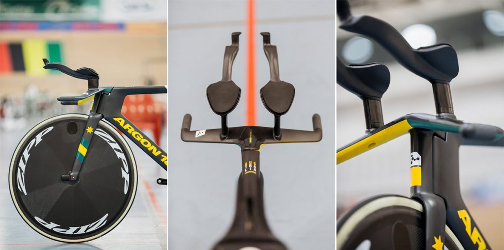 Fig. 7 Press images of the Argon 18 bike's handlebars, as released by Cycling Australia in February 2020, showing the original handlebars as supplied by Argon 18, not the modified handlebars used at the 2020 Olympics  (Photo Hikari Media/www.australiancyclingteam.com)