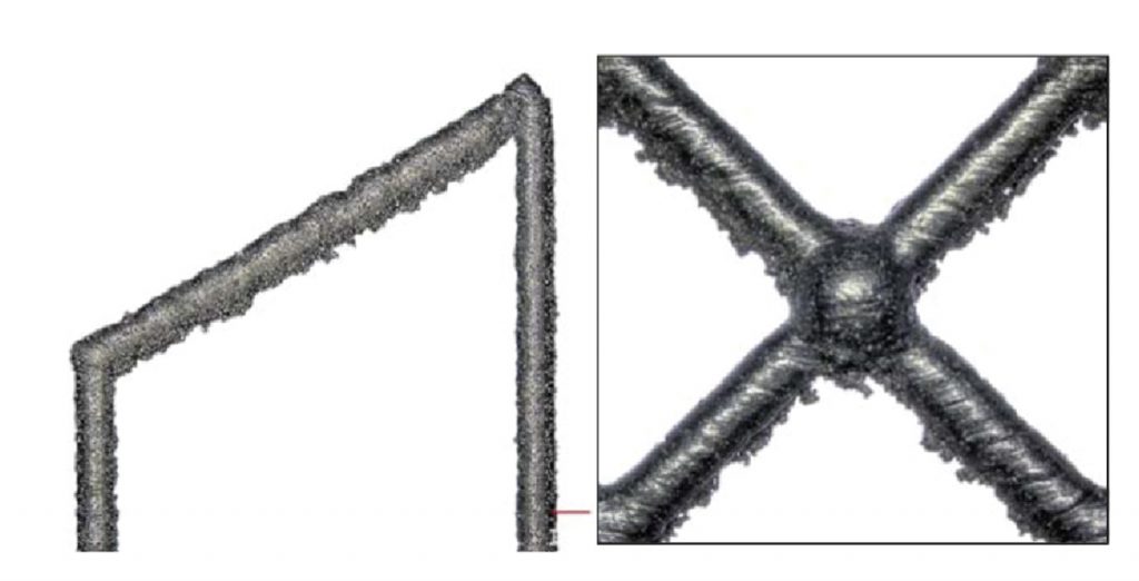 Fig. 10 Left) downward-facing surfaces can exhibit a stair-step effect (design) along with adhered particles (manufacturing). Right). Close up of an intersection point of a lattice highlighting the potential stress concentration and surface defects possible in as built PBF-LB [2]