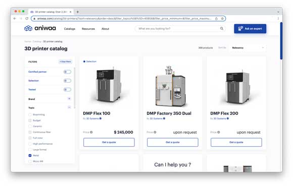 A screenshot of a metal Additive Manufacturing machine search on Aniwaa’s updated marketplace platform (Courtesy