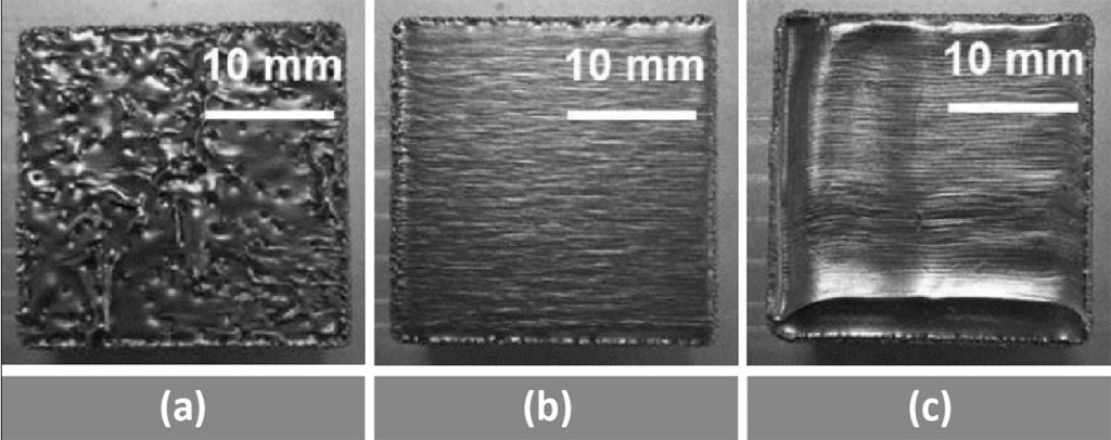 Fig. 2 Typical top surface views of samples fabricated by EBM using the DOE approach: (a) Typical surface view of a porous sample, (b) a Well-Melted sample and (c) an Over-Melted sample [1]