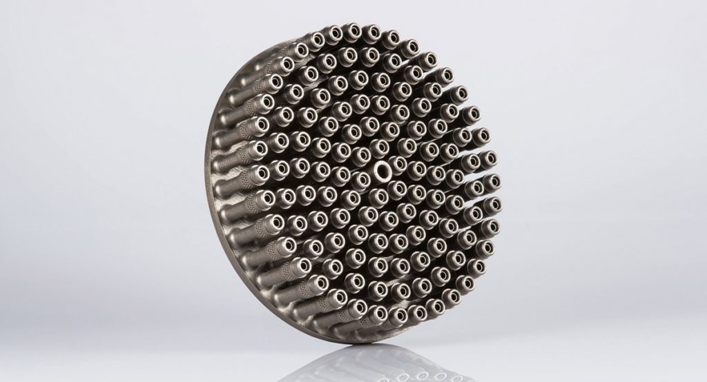 Fig. 3 An Ariane 6 Vinci Engine injector printed as one single piece, including 8000 holes, using Laser Powder Bed Fusion (Courtesy EOS)