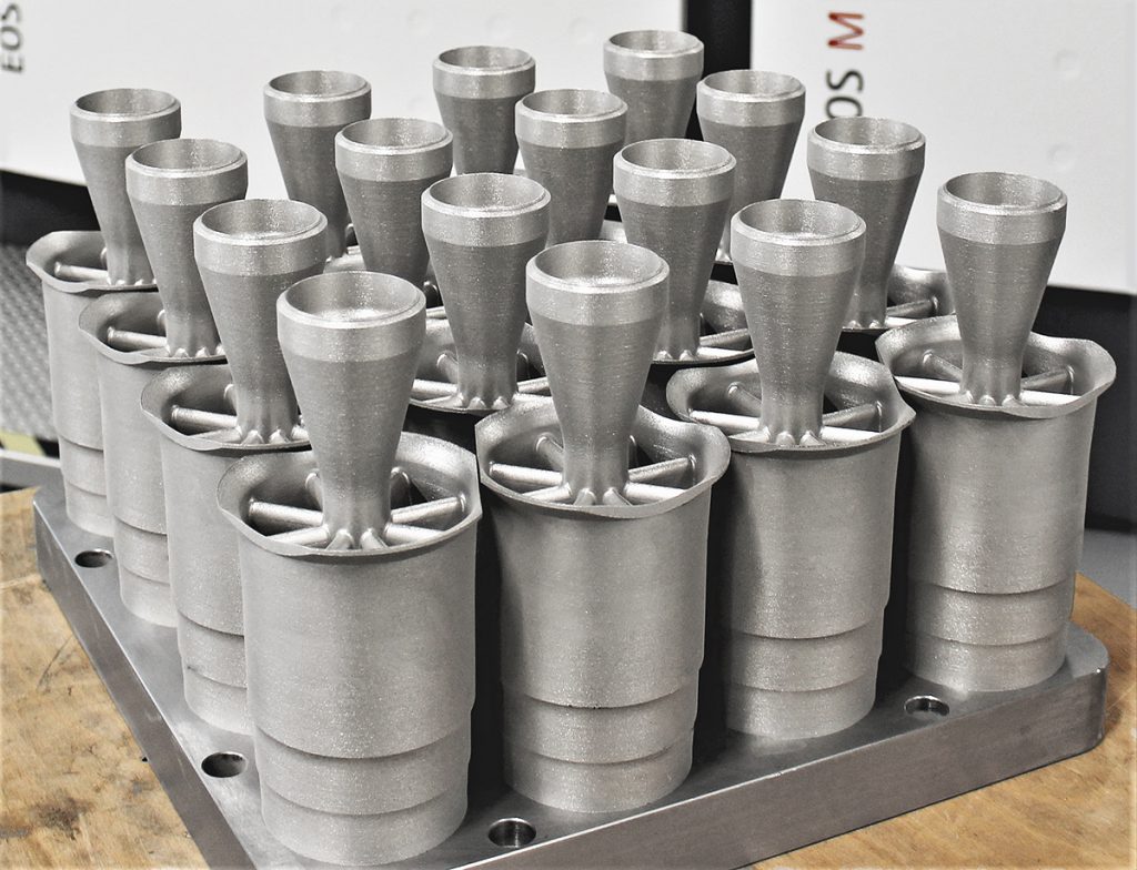 Fig. 4 Burners printed in an array of sixteen parts on a Laser Powder Bed Fusion machine (Courtesy of Siemens)