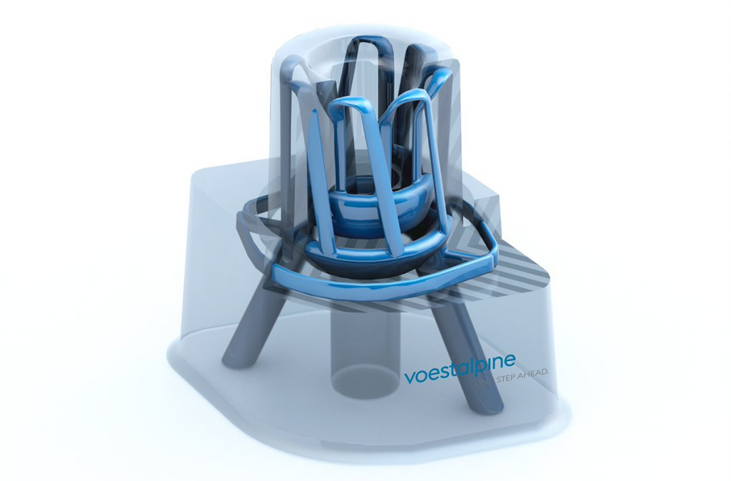 Fig. 5. Core for the injection moulding of a medical container: Cooling performance was improved by 15% and cycle time was reduced by 8%. After optimisation, the core was additively manufactured in a voestalpine material [Courtesy Anton Alveflo]