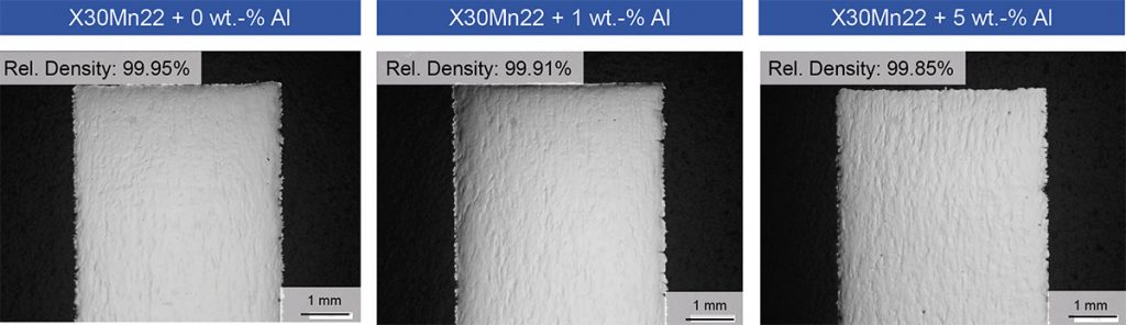 Fig. 6 Test specimen of AHSS steels with different Al-content produced by L-PBF (Courtesy S Ewald, RWTH Aachen)