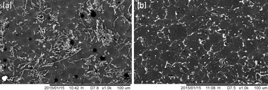 Fig. 8 SEM micrographs showing (a) “skin clusters” in as-deposited sample and (b) fully dense microstructure of a HIPed sample [2]