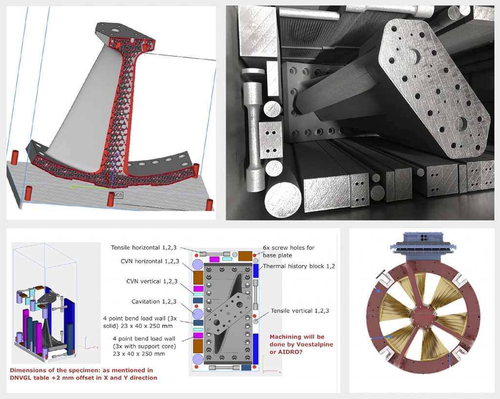 Fig. 9 A titanium propeller blade built for Kongsberg, based on a Kongsberg design, using an SLM Solutions L-PBF system. Top left: the redesigned blade; top right: the build box with propeller and witness parts; bottom left: the nesting plan; and bottom right: the end-use application