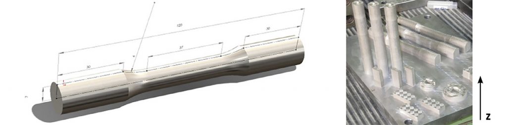 Fig. 9 CAD sketch of a standard tensile testing specimen and image of the SLM processed parts [2]