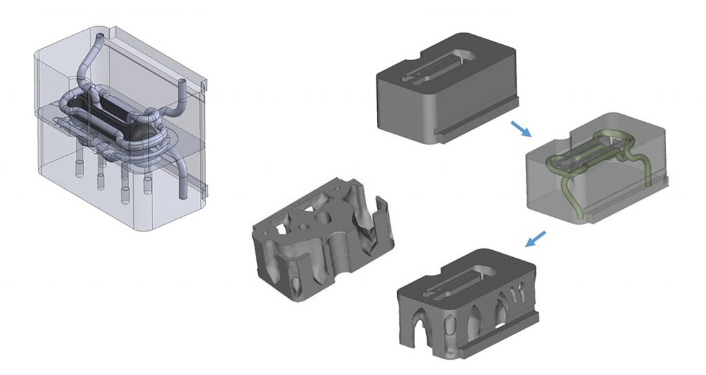 Fig. 10 To reduce cooling time, warpage and weight, conformal cooling and topology optimisation were conducted. After these optimisations, the tool was additively manufactured in AM Corrax (Courtesy Anton Alveflo)