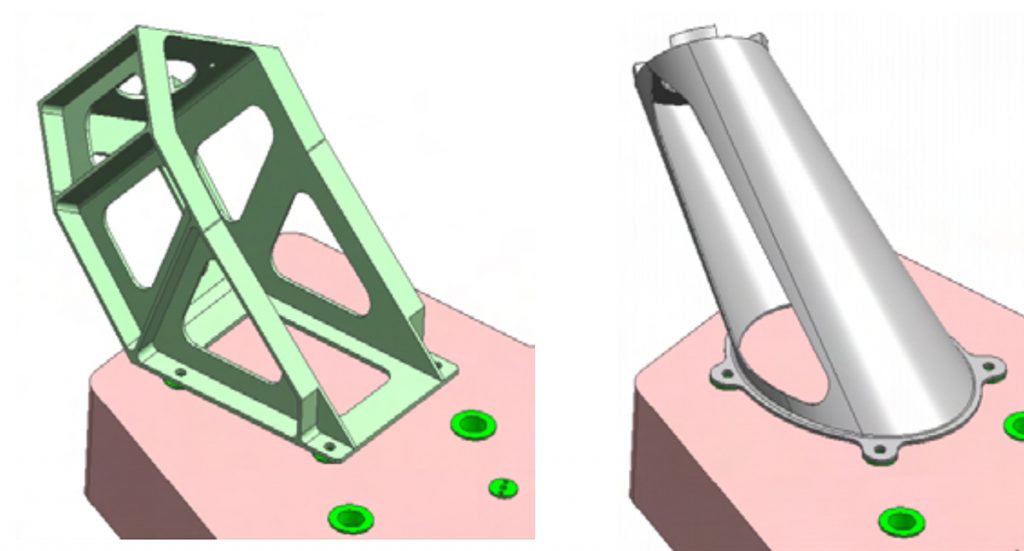 Fig. 10 Optimisation of a conventional support bracket design (left) for AM (right) [10]