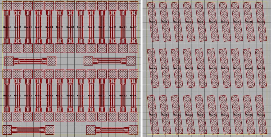 Fig. 11 Overview of build jobs for 30 specimens for tensile test (left) and Charpy V-notch test (right) [3]