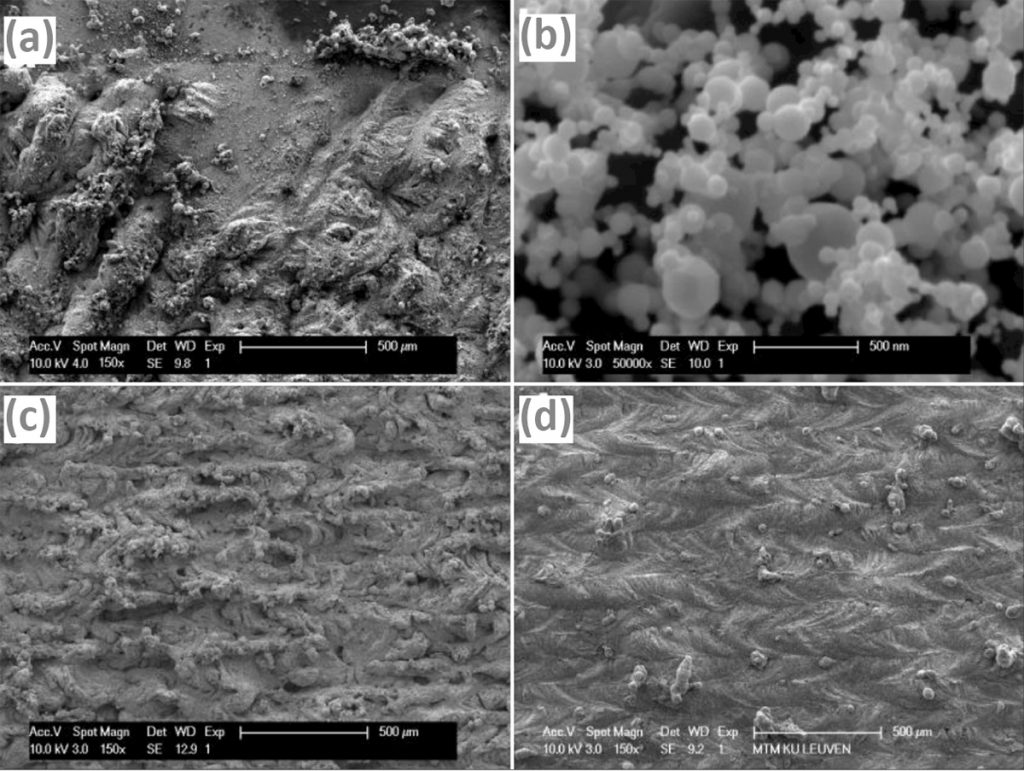 Fig. 17 (a) Excessive smoke formation can lead to an unstable process by variations in the level of laser energy absorption. (b) Smoke consists of 10-500 nm particles. (c) No smooth surface could be obtained with P1 powder. (d) With P2 powder, melted tracks of high quality and sufficient overlap could be obtained [3]