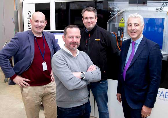 Left to right: Mike Curtis-Rouse, Head of Access to Space at Satellite Applications Catapult; Kieron Salter, CEO of 3D printing provider DMC; Nigel Robinson, COO of DMC; and Richard Harrington, Chief Executive of the Buckinghamshire Local Enterprise Partnership (Courtesy DMC)