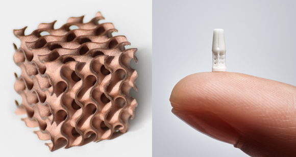 A sintered copper part 3D printed on the Admaflex 130 (left) and a ceramic surgical instrument component that functions as a wire guide (right) (Courtesy Admatec Europe)