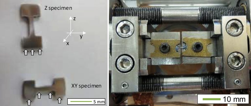 Fig. 8 L-PBF-manufactured specimens (left) and micro tensile test set-up (right) [3]