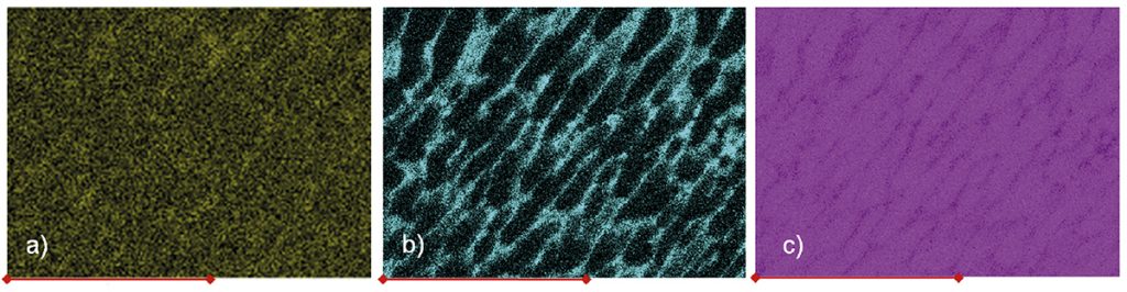 Fig. 13 Elemental EDS map of the distribution of alloying elements in the as-built EOS F357 alloy a) Mg, b) Si and c) Al. Scale bar is 10 μm [4]