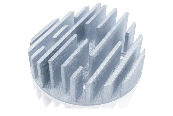 Aluminium heat sink additively manufactured on the GMP300, with a build time of 320 min  at 125 x 125 x 40 mm (Courtesy GROB Systems) 