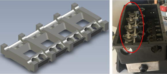A CAD image of cam tray as a consolidated component is shown left, compared to the original design shown during engine assembly (Courtesy Uniformity Labs/Polimotor)