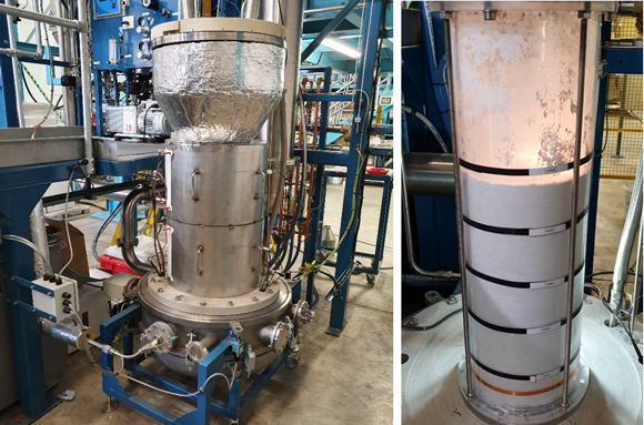 The PSI fluidised bed platform (left) and powder being fluidised in transparent analogue retort for testing purposes (right) (Courtesy PSI)