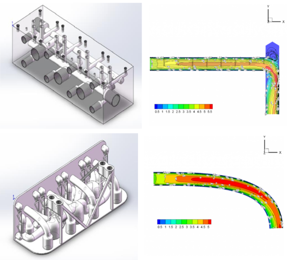 The hydraulic manifold manufactured via a traditional method with right-angle flow channels (top) versus the 3D printed version (Courtesy Eplus3D)