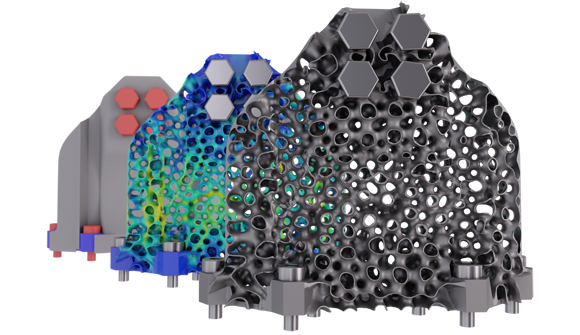 The ADMS autonomous design algorithm calculates structures using minimal resources while providing maximum strength. This image shows the development of a satellite bracket as part of the European Space Agency’s Open Space Innovation Platform (Courtesy spherene AG)