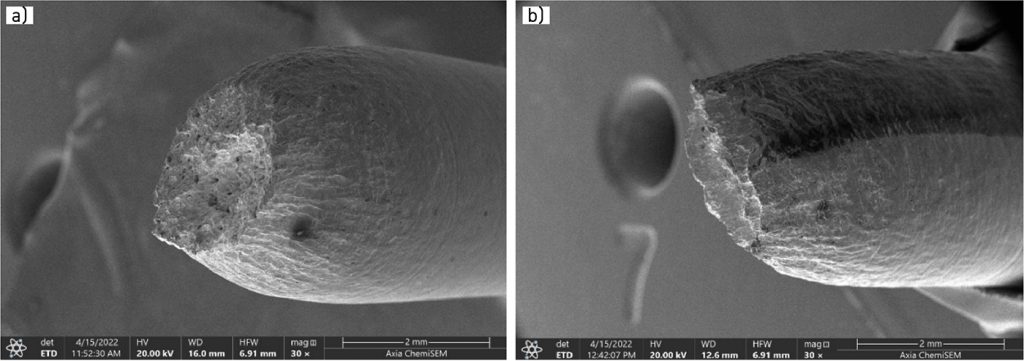 Fig. 2 Representative SEM micrographs of a Ta tensile specimen fracture surfaces from a (a) Z- and (b) X-Y build orientation (Courtesy Oehlerking, Stawovy, M and Ohm, S, ‘Characterization of Pure Tantalum Manufactured Using Laser Powder Bed Fusion L-PBF’)