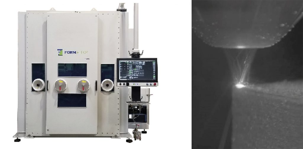 Fig. 4 A Formalloy powder-based Directed Energy Deposition (DED) machine and a photograph of a coaxial deposition head depositing material