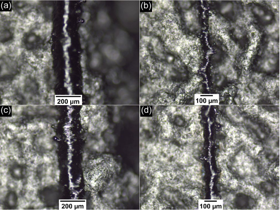 Fig. 4 Optical micrographs illustrating W single-melt tracks on grit-blasted substrates using: (a) 50 mm/s, 43 µm beam diameter; (b) 400 mm/s, 43 µm; (c) 50 mm/s, 50 µm; and (d) 400 mm/s, 50 µm (Courtesy Sidambe and Fox, ‘Melt pool analysis of laser powder bed fusion tungsten – Experimental and simulation’) 