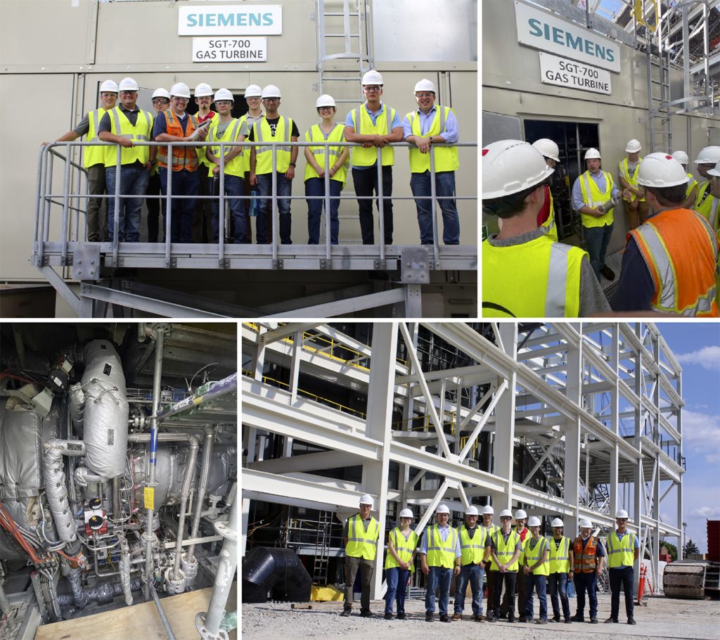 Fig. 5 Clockwise from top left: CDME Team with SGT-700 Gas Turbine; Dr Herderick explains the location and function of additively manufactured metal burners in the turbine; a view inside the SGT-700, with fuel injector system in the centre of the image; the CDME Team photographed outside CHP plant with steam turbines in the background