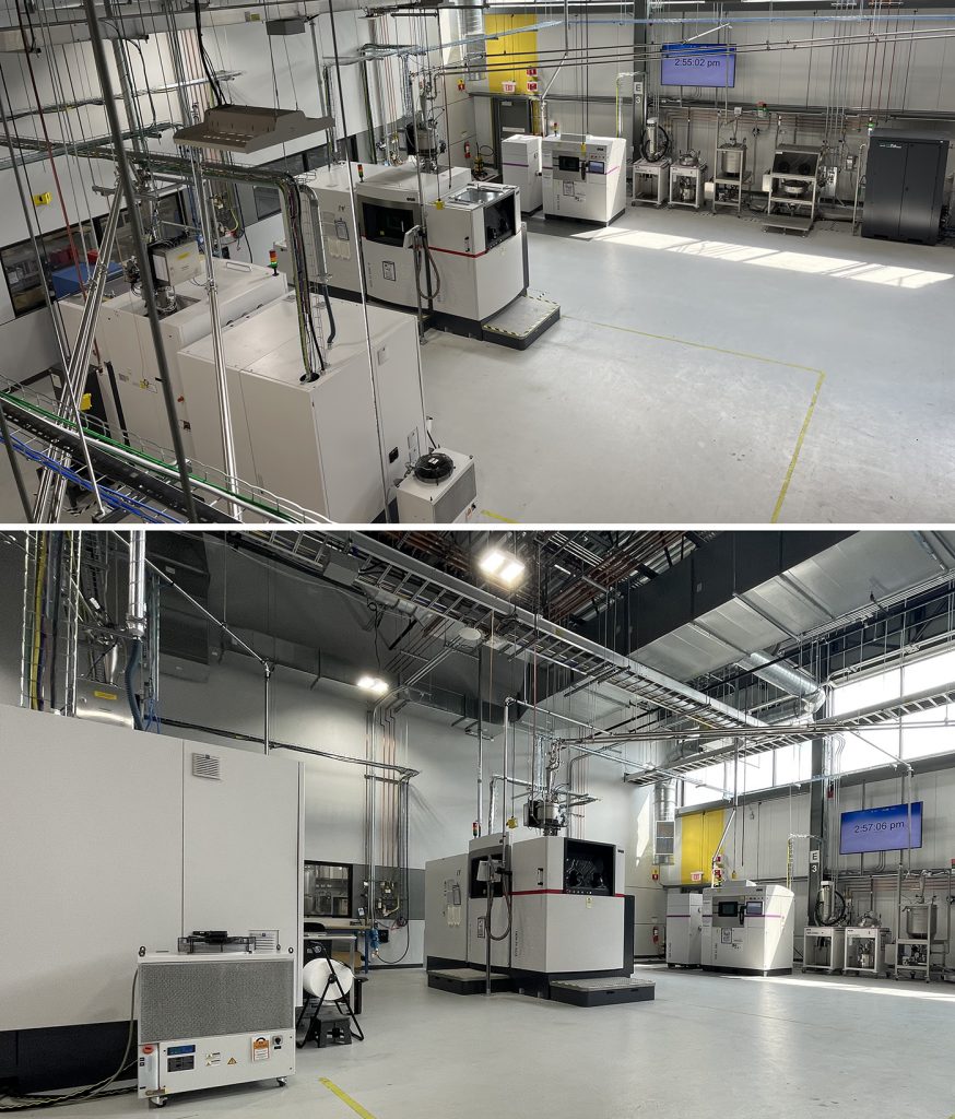 Fig. 5 Views of part of the metals area of the AIC showing EOS M400-4 and M290 metal Laser Beam Powder Bed Fusion (PBF-LB) machines