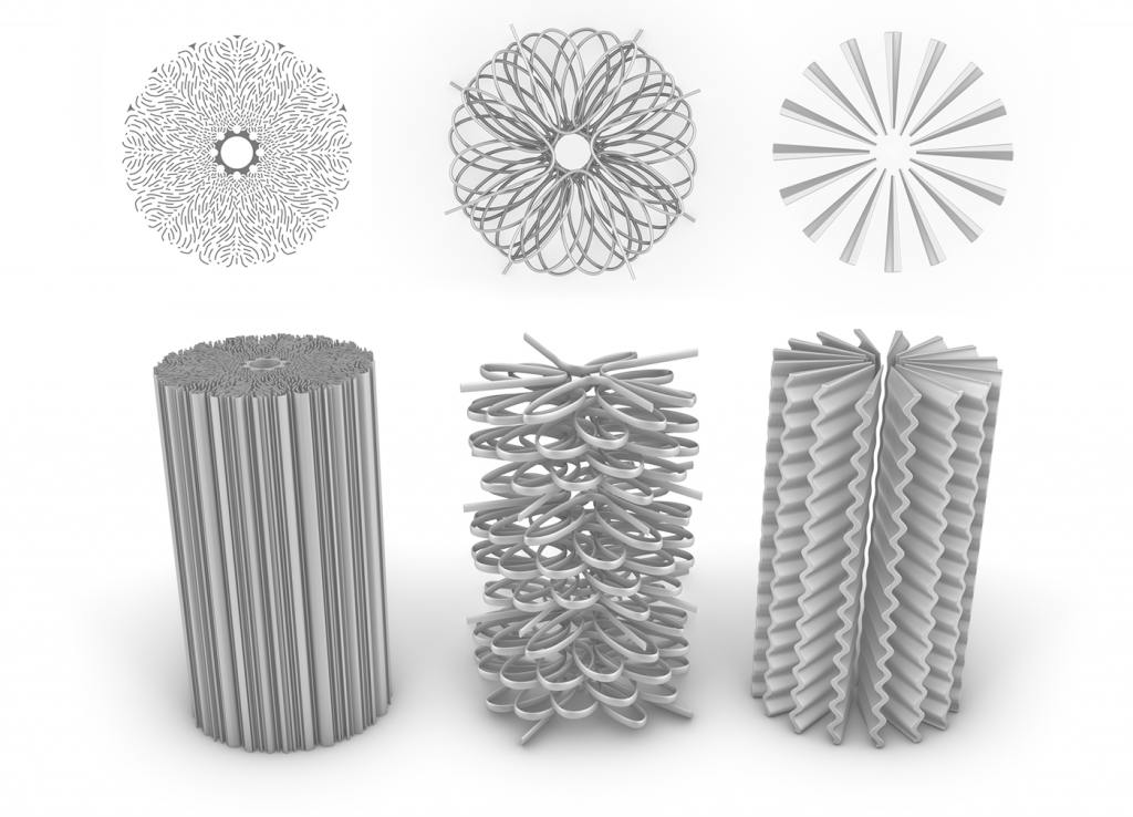 Fig. 6 Left, extruded 2D cooling strategy; centre, spiral cooling line strategy; right, hollow periodic fin array