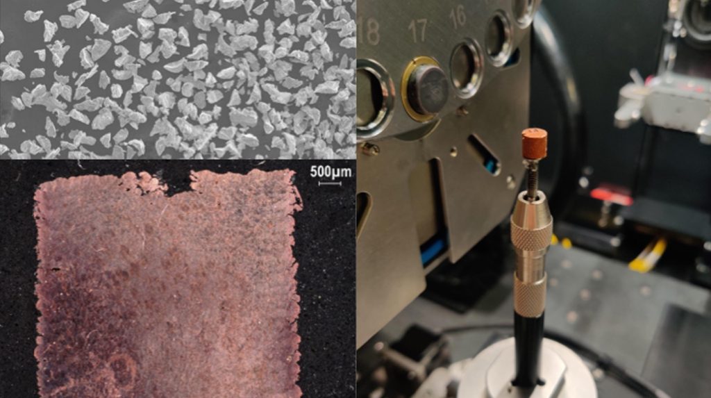 Fig. 6 Cu 14500 from powder to part validation: composite image of the MPW powder (top left); cross section microscopy of the additively manufactured part (bottom left); AM part shown inside the computed tomography machine to validate > 99.9% density (right)