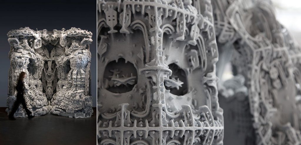 Fig. 7 Two images from the Digital Grotesque exhibition, a collaboration between BMW and Hansmeyer, that incorporates large-scale 3D printed sand sculptures that seek to examine the interconnectivity between art, technology and humanity (Courtesy Fabrice Dall'Anese)