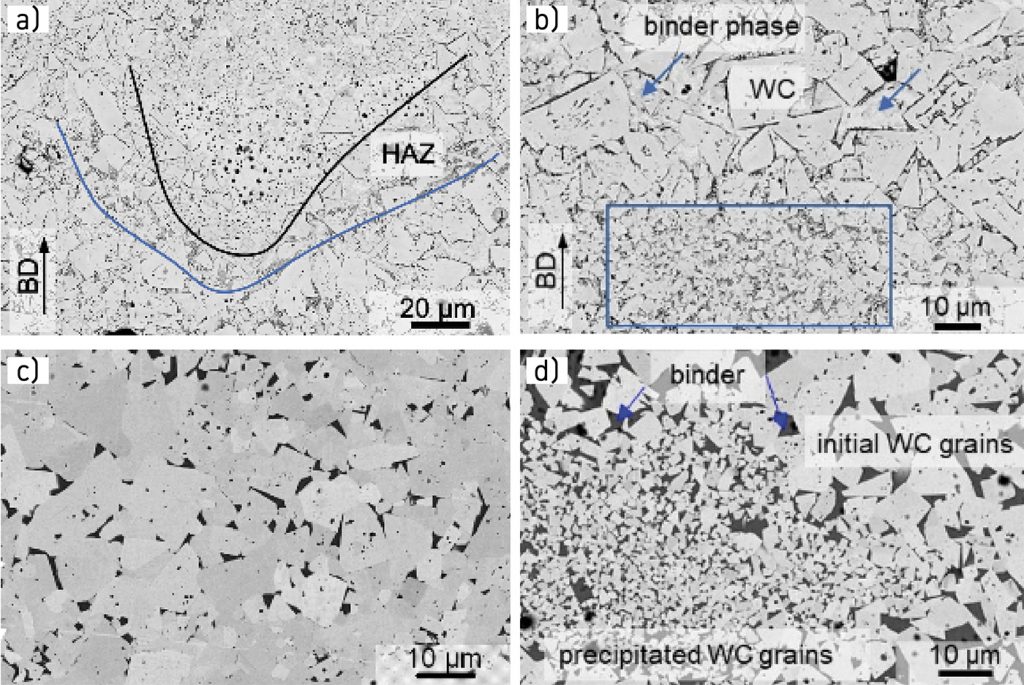 Fig. 7 Top row: As-built microstructure of 5 mm: (a) heat affected zone and (b) binder phase. The bottom row shows the microstructure post-HIPed: (c) pronounced WC grain growth and (d) WC reprecipitation (Courtesy Fries, S.; Vogelpoth, A.; Kaletsch, A.; Weisheit, A. and Broeckmann, C., ‘Effect of Thermal Post-treatment on Microstructure of Additively Manufactured Cemented Carbides’)