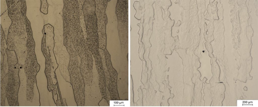 Fig. 8 Metallographic cross-sections of Mo (L) and W (R) built with PBF-EB. The Mo was manufacture at a beam power of 720 W, scan speed of 480 mm/s, and with a vertical build, while W was produced with a 900 W beam at 150 mm/s (Courtesy Kirchner, A; Dorow-Gerspach, D; Pilz, A; Klöden, B; and Weissgärber, T, ‘Additive Manufacturing of Molybdeum and Tungsten by PBF-EB)