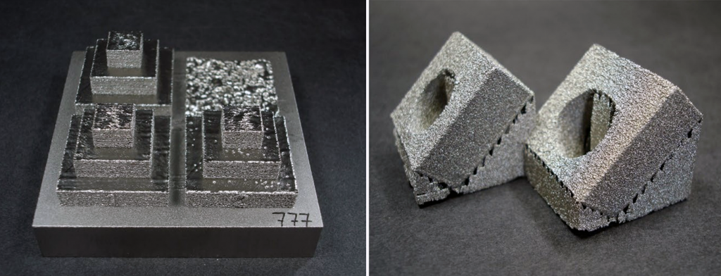 Fig. 10 Tungsten parts manufactured via PBF-EB. (L) Pyramids 30, 20 and 10 mm edge length and (R) ITER-type 28 x 27 x 12 mm monoblocks with an off-centre hole (Courtesy Kirchner, A; Dorow-Gerspach, D; Pilz, A; Klöden, B; and Weissgärber, T, ‘Additive Manufacturing of Molybdeum and Tungsten by PBF-EB)