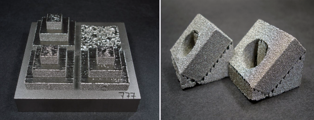 Fig. 10 Tungsten parts manufactured via PBF-EB. (L) Pyramids 30, 20 and 10 mm edge length and (R) ITER-type 28 x 27 x 12 mm monoblocks with an off-centre hole (Courtesy Kirchner, A; Dorow-Gerspach, D; Pilz, A; Klöden, B; and Weissgärber, T, ‘Additive Manufacturing of Molybdeum and Tungsten by PBF-EB) 