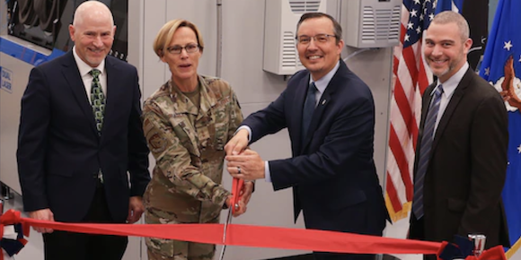 Technical Lead John Brausch, AFRL Commander Maj Gen Heather Pringle, AFRL Materials & Manufacturing Director Darrell Phillipson and Dr Edwin Schwalbach celebrating the opening of the 3D printing Lab (Courtesy US Air Force/Jonathan Taulbee)