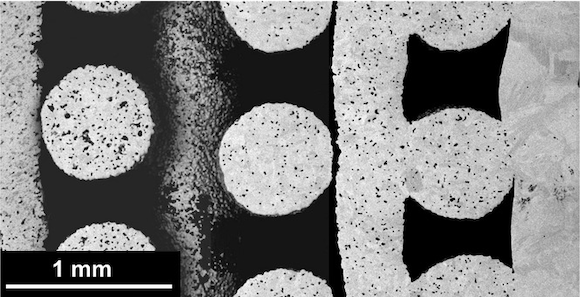 SEM image of a scaffold presenting graded microporosity (within filaments) (Courtesy Coffigniez, M, et al, “Sinter-Based Additive Manufacturing of Graded Porous Titanium Scaffolds by Multi-Inks 3D Extrusion”, Advanced Engineering Materials)