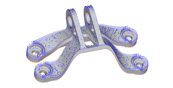 This image shows a vector field representing deformation compensation for 3D printing, automatically generated by Polygonica 3.2 from comparison of the manufactured part with the design part. Deformation magnitudes are amplified for rendering (Courtesy MachineWorks)