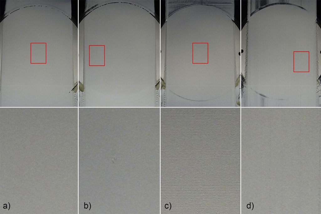 Fig. 2 Powder applications with various defect characteristics, top: entire powder bed, bottom: powder bed under 4X magnification at the location marked in red a) defect-free powder layer, b) powder layer with local defect c) powder layer with waves d) powder layer with grooves