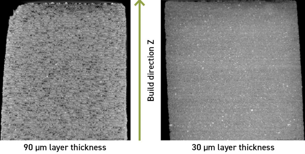 Fig. 2 Low-resolution scan showing (90 µm and 30 µm) layer thickness of a green binder jetted part. Analysis reveals distinction between layers, different compactness, porosity, and high-density material accumulations — ahead of the debinding and sintering process