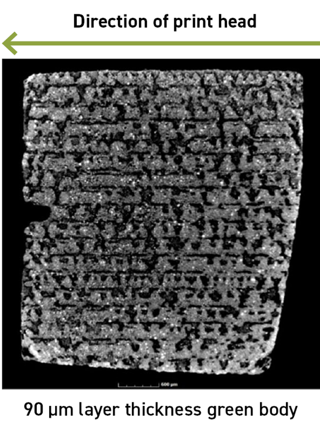 Fig. 3 Low-resolution CT scan of the green BJT part showing horizontal lines corresponding to spacing of the print head nozzles; voids created by impact of droplets; and 3 X larger amount of binder — causing a downward flush of finer particles from the top to the bottom layer