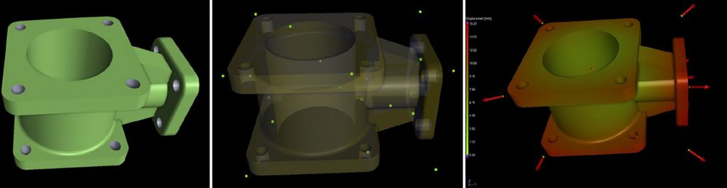 Fig. 5 This sequence of images (left to right) shows the nominal part geometry, a scan of the sintered part, and the simulated geometry of the earlier green part