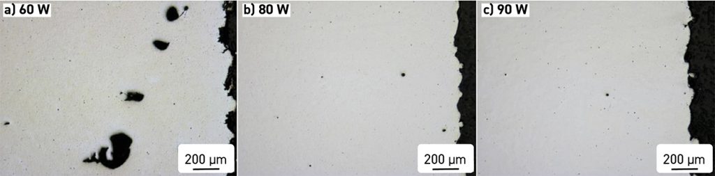 Fig. 7 Optical micrographs of the cross-sections of the samples, with the samples additively manufactured with 60, 80 and 90 W laser power [2]